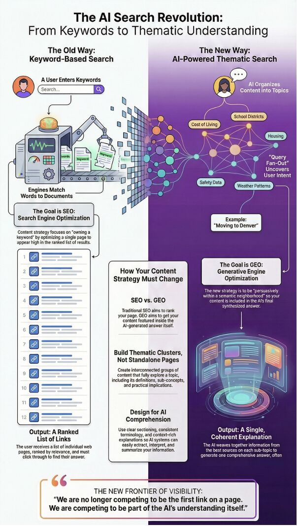 Infographic comparing keyword-based SEO and AI-powered Thematic Search, showing how query fan-out uncovers the full intent space behind a single search like "moving to Denver