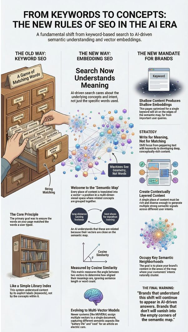 Infographic comparing keyword-based SEO and embedding-based semantic SEO, showing how AI understands meaning through vector space, cosine similarity, and multi-vector models like MUVERA — and what brands must do to stay visible