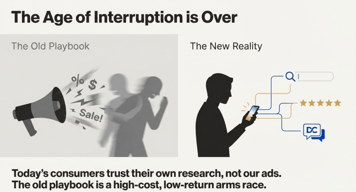 Infographic comparing the old marketing playbook of interruptive advertising with the new reality where consumers trust their own research — and search data reveals what they truly want