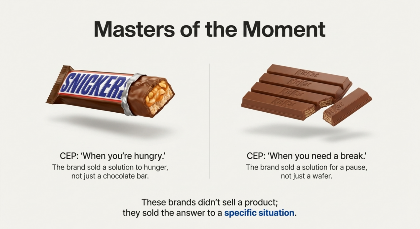 Infographic showing how Snickers owns the CEP "when you're hungry" and KitKat owns "when you need a break" — illustrating how dominant brands sell answers to specific situations, not just products