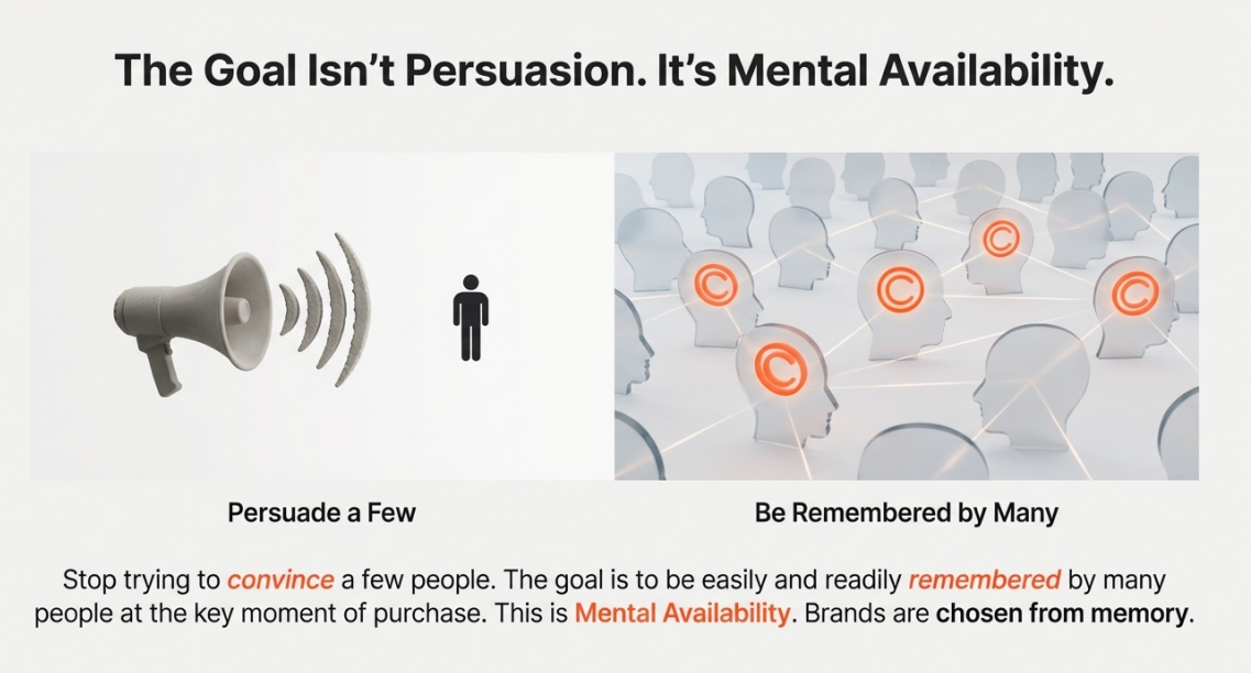 Diagram contrasting the old goal of persuading a few people with the new goal of mental availability — being easily remembered by many at the key moment of purchase