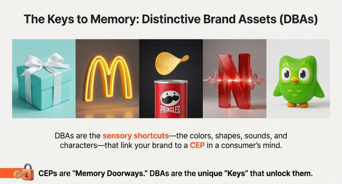 Infographic showing Distinctive Brand Assets as sensory shortcuts — including color, shape, sound, and characters — that link a brand to a Category Entry Point in the consumer's memory