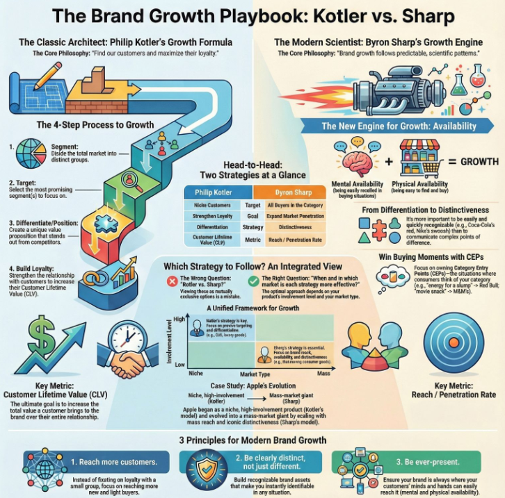 Infographic comparing Philip Kotler's segmentation and loyalty model with Byron Sharp's reach and availability model, including a unified framework for brand growth and Apple's evolution as a case study