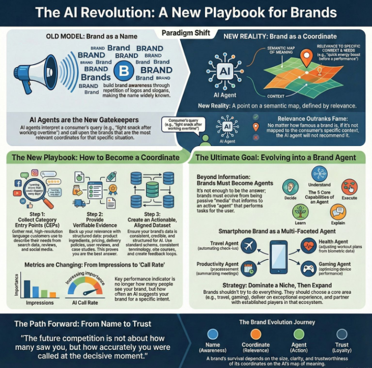 Infographic showing the AI revolution playbook for brands — from brand as a name to brand as a coordinate on a semantic map, including how to collect CEPs, provide verifiable evidence, and evolve into a brand agent with an AI call rate as the new key metric