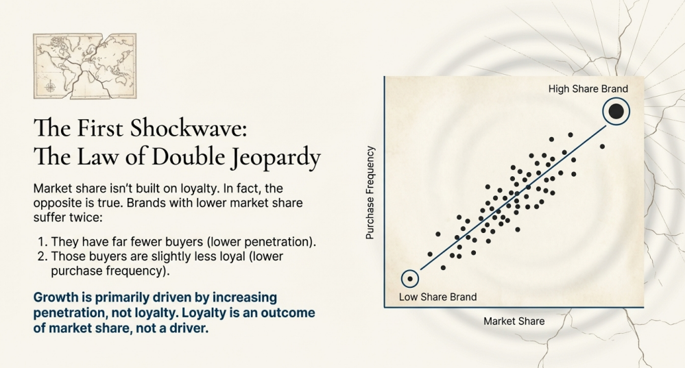 Scatter plot illustrating the Double Jeopardy Law, showing that brands with lower market share have fewer buyers and slightly lower purchase frequency