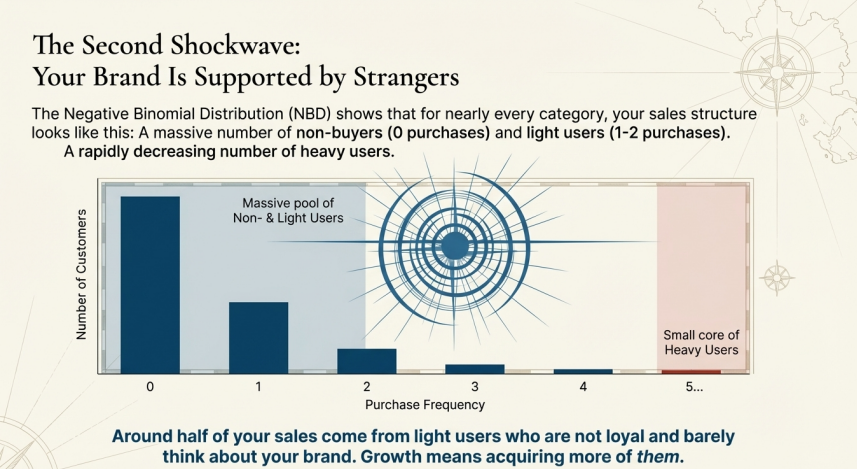 Bar chart showing the Negative Binomial Distribution of purchase frequency, illustrating that the majority of sales come from light users and non-buyers rather than heavy loyal users