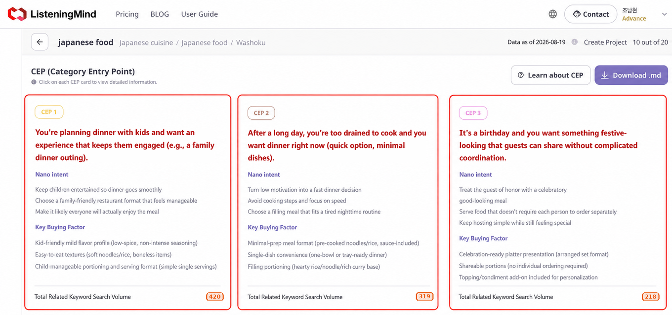 Screenshot of three Japanese food Category Entry Points: planning a family dinner, needing a quick easy dinner, and choosing festive birthday food.