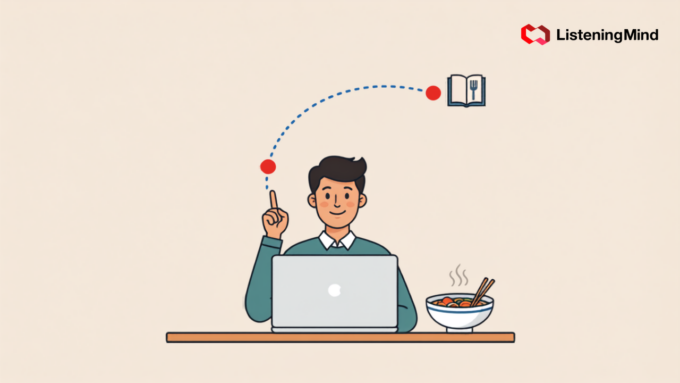 User tracing a food search journey from initial cuisine interest to a decision, with different dishes beside a laptop