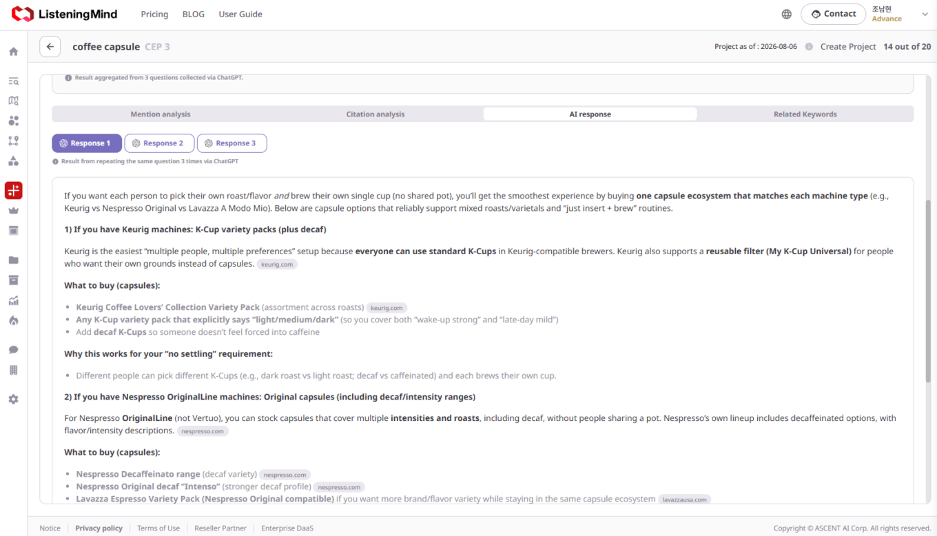 ListeningMind AI Chat Diagnosis detail view for the "coffee capsule" query, showing multiple AI-generated response tabs with buying suggestion content and citations linking to official brand domains